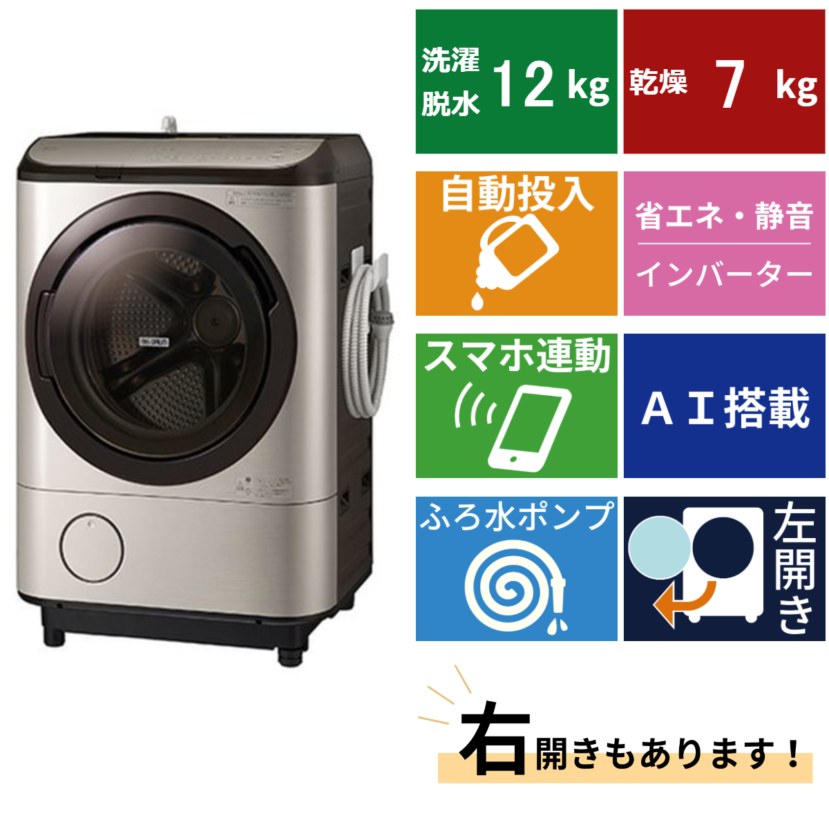 ドラム式洗濯機BD-NX120H (洗濯・脱水12kg、乾燥7kg) – De-Life